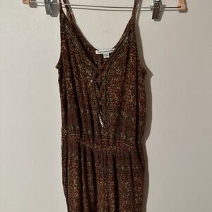 AE American Eagle Boho 70s Jumpsuit Beaded Pattern Small‎ S Rust Burgundy Orange